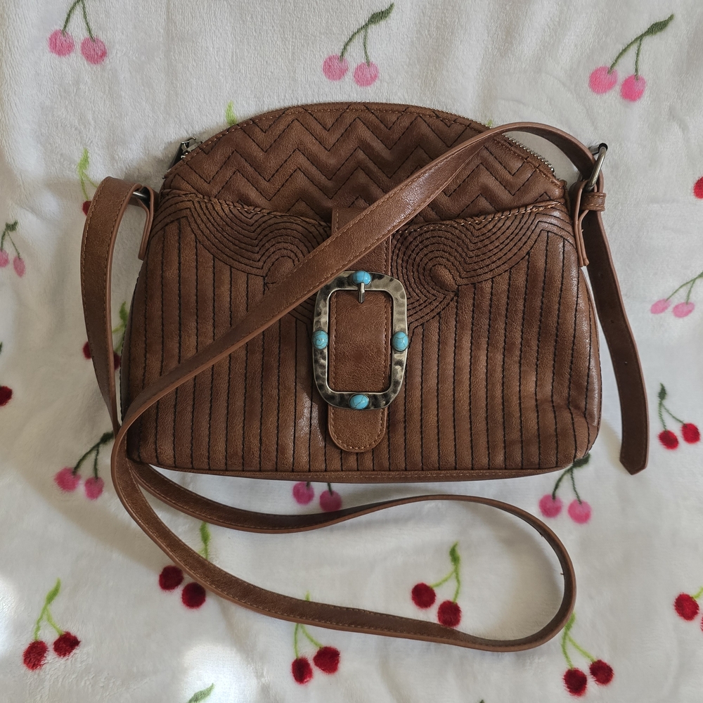 Catchfly Studio Brown Crossbody Bag with Turquoise Accents